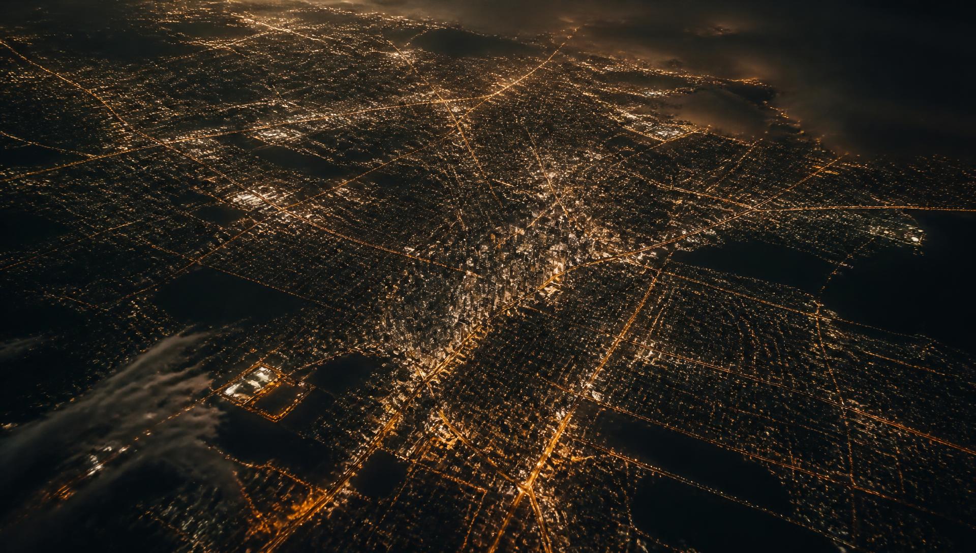 Aerial night view of a city grid glowing like a network